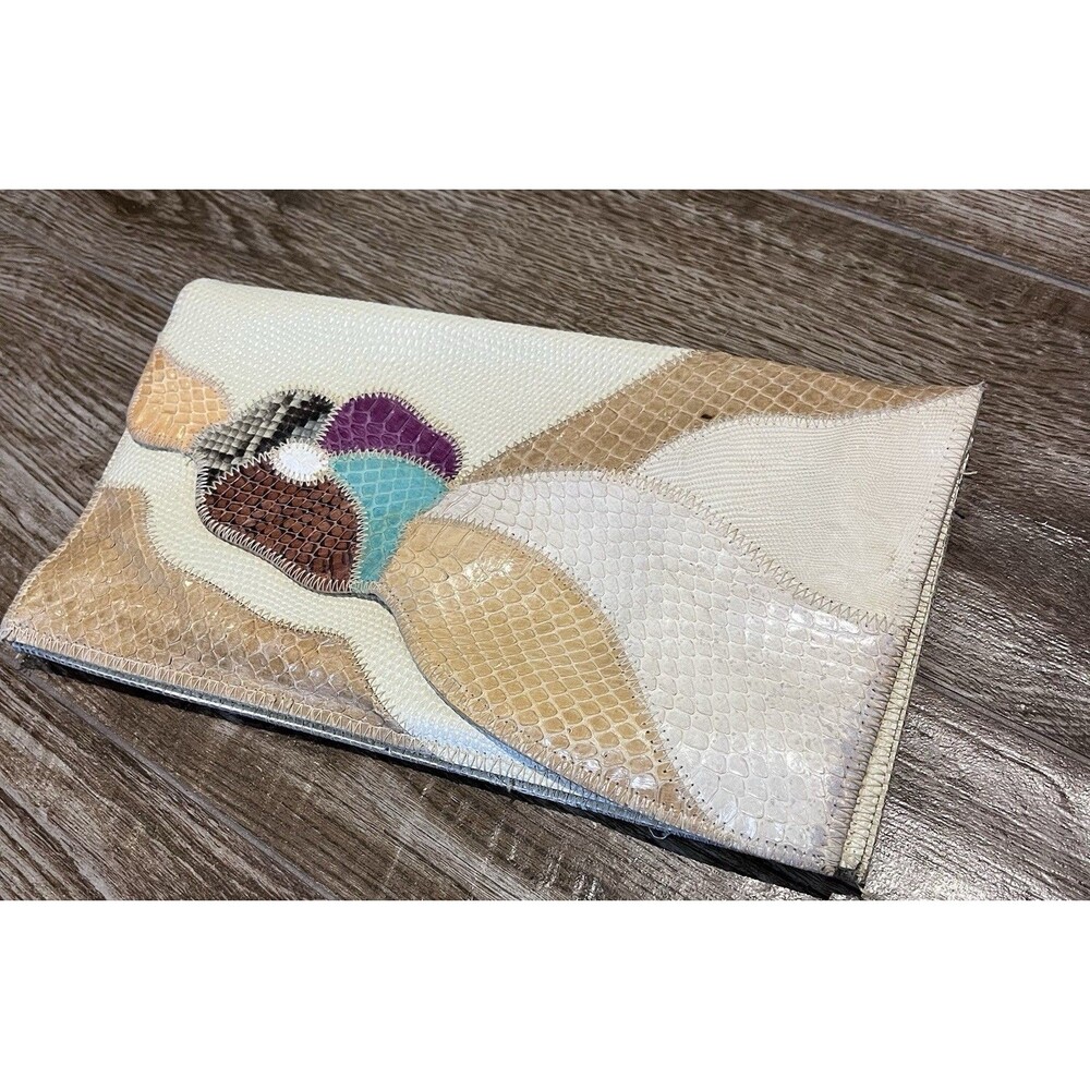 Vintage 70s 80s Snakeskin Clutch Envelope Geometric Purse Patchwork Bespoke
